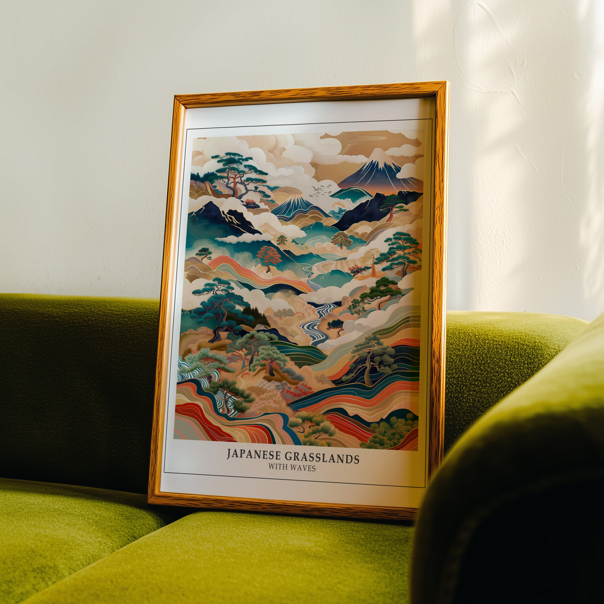 Japanese Grasslands with Waves Fuji print in an oak frame propped on a green velvet sofa
