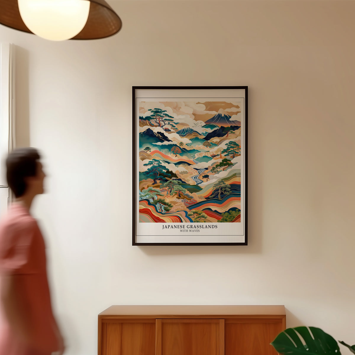 Japanese Grasslands with Waves Fuji print in a black frame in a hallway under a rattan pendant