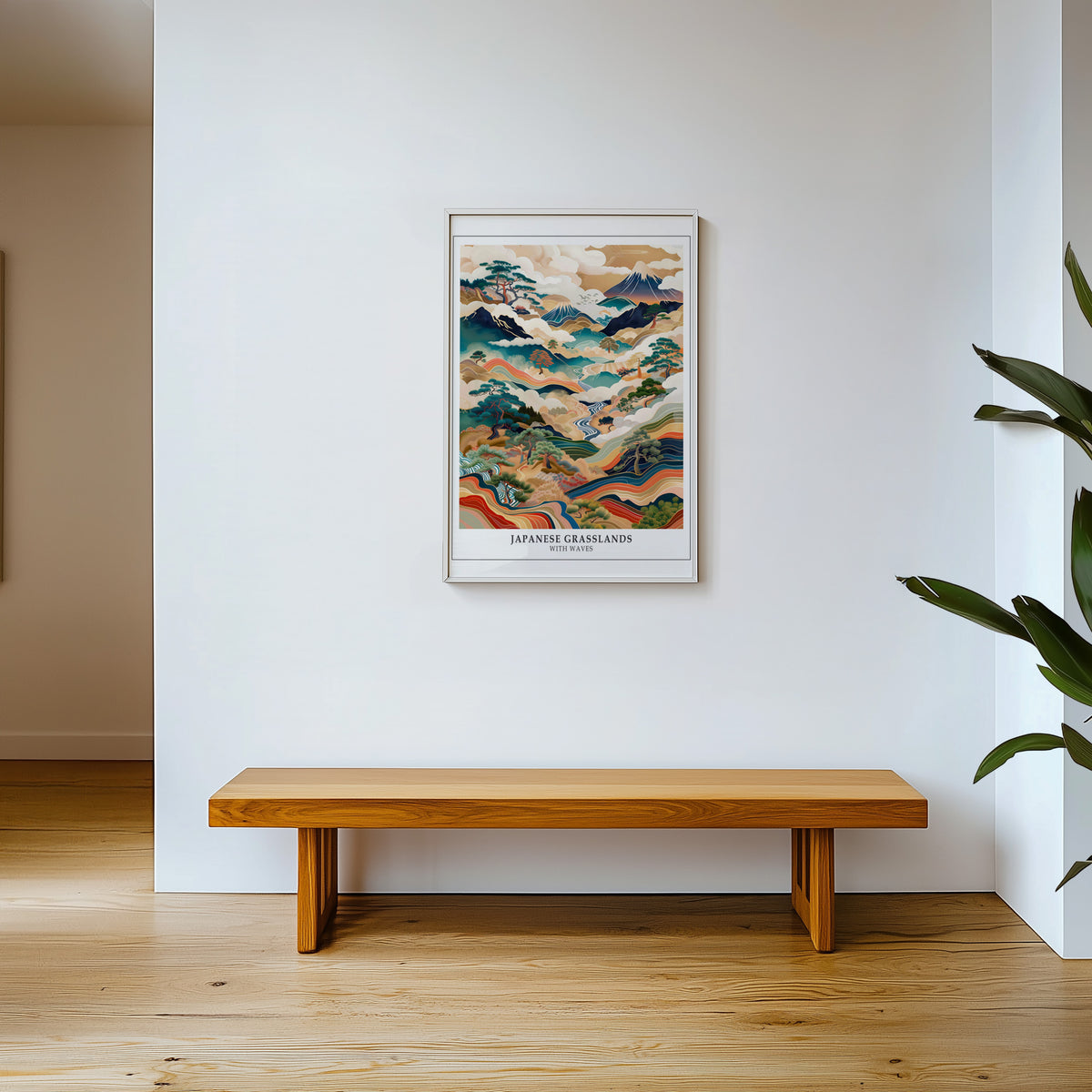 Japanese Grasslands with Waves Fuji print shown in a white frame above a wooden entryway bench