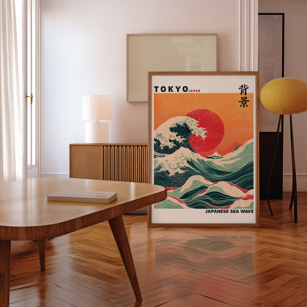 Japanese sea wave red sun print in a walnut frame leaning in a mid-century living room