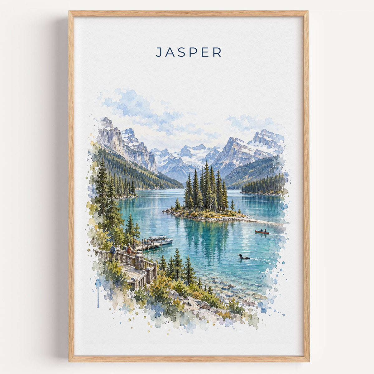 Jasper watercolor print in a light oak frame on a plain white wall
