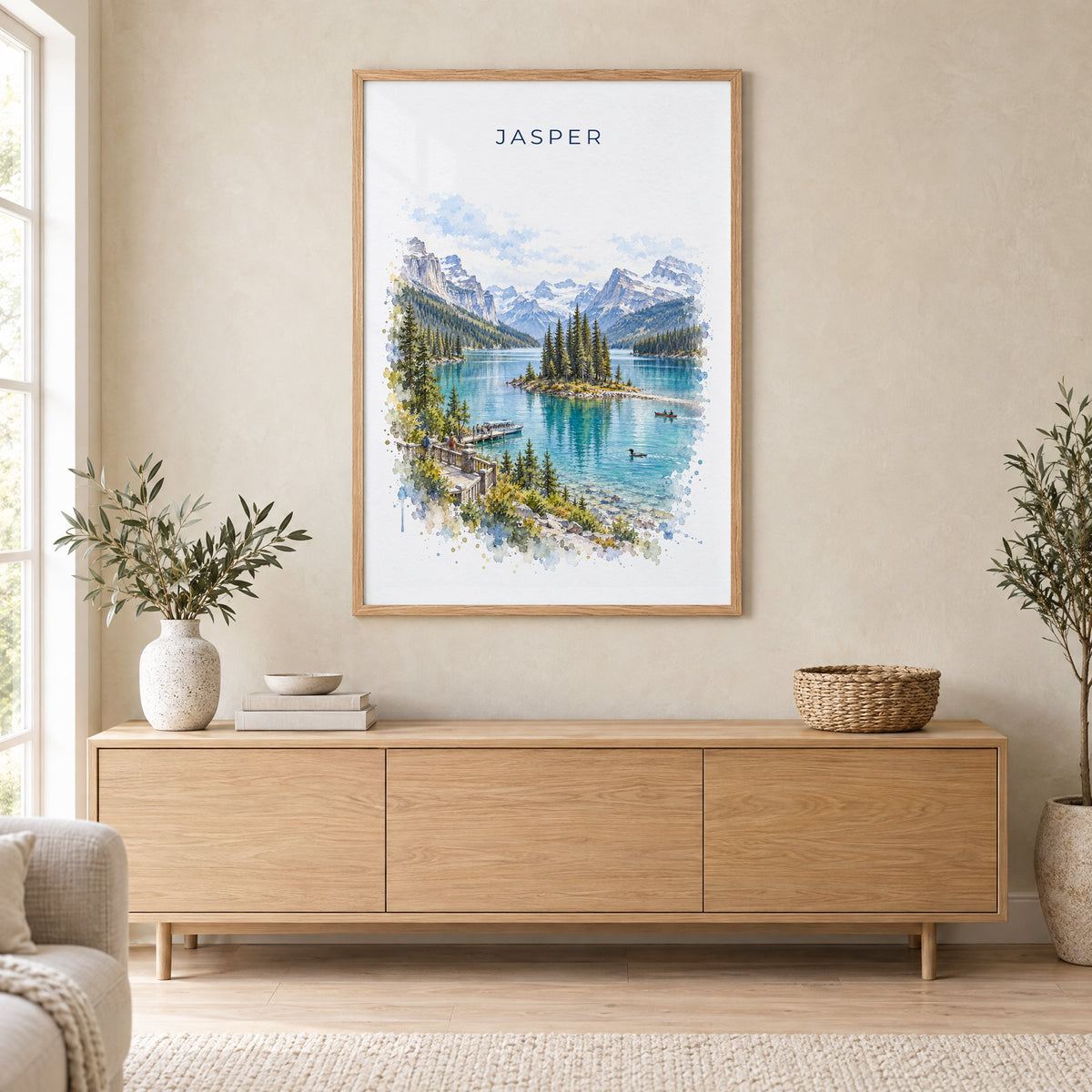 Jasper watercolor print in an oak frame above a light wood sideboard in a Scandinavian living room