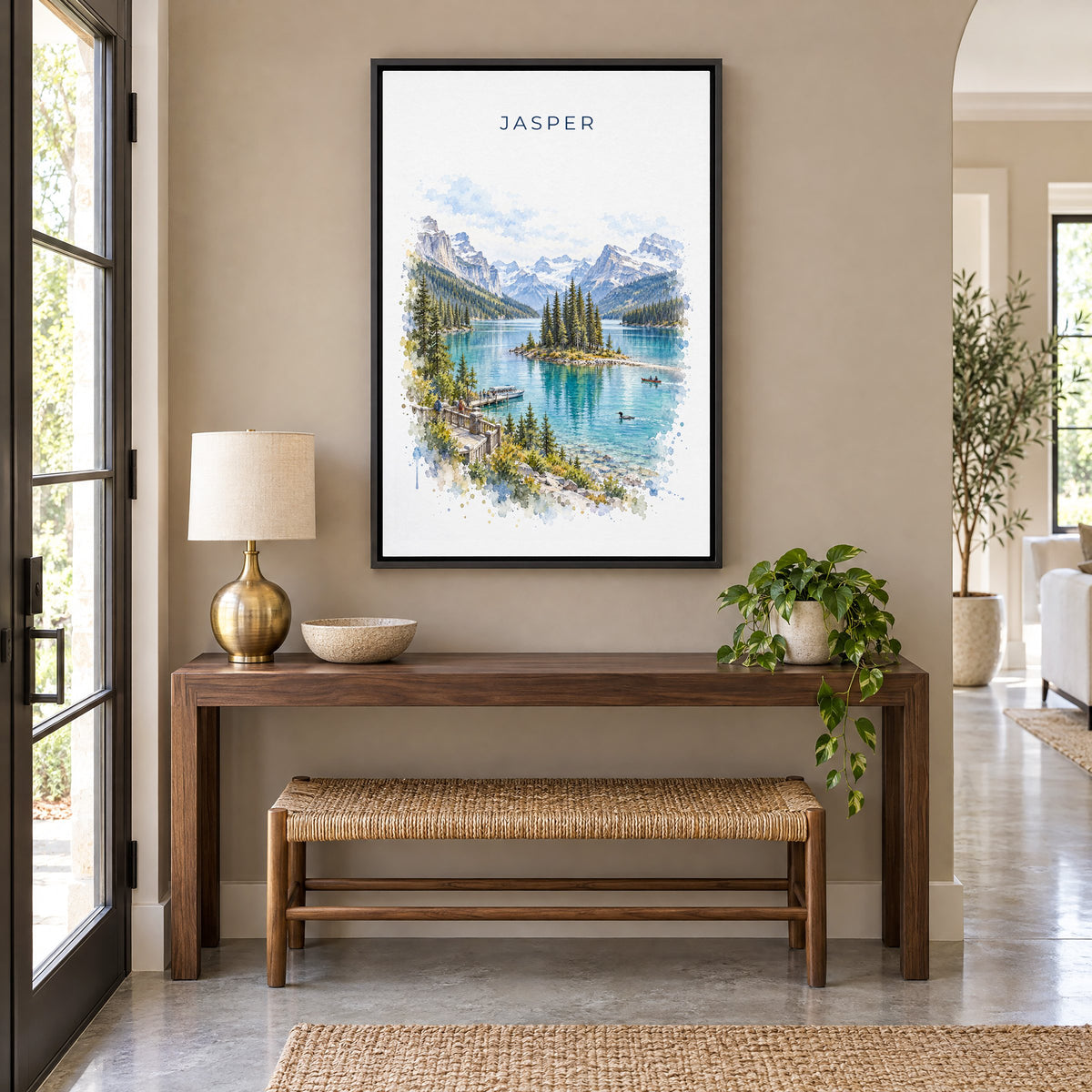 Jasper watercolor print as a black floater canvas above a walnut console and woven bench in an entryway
