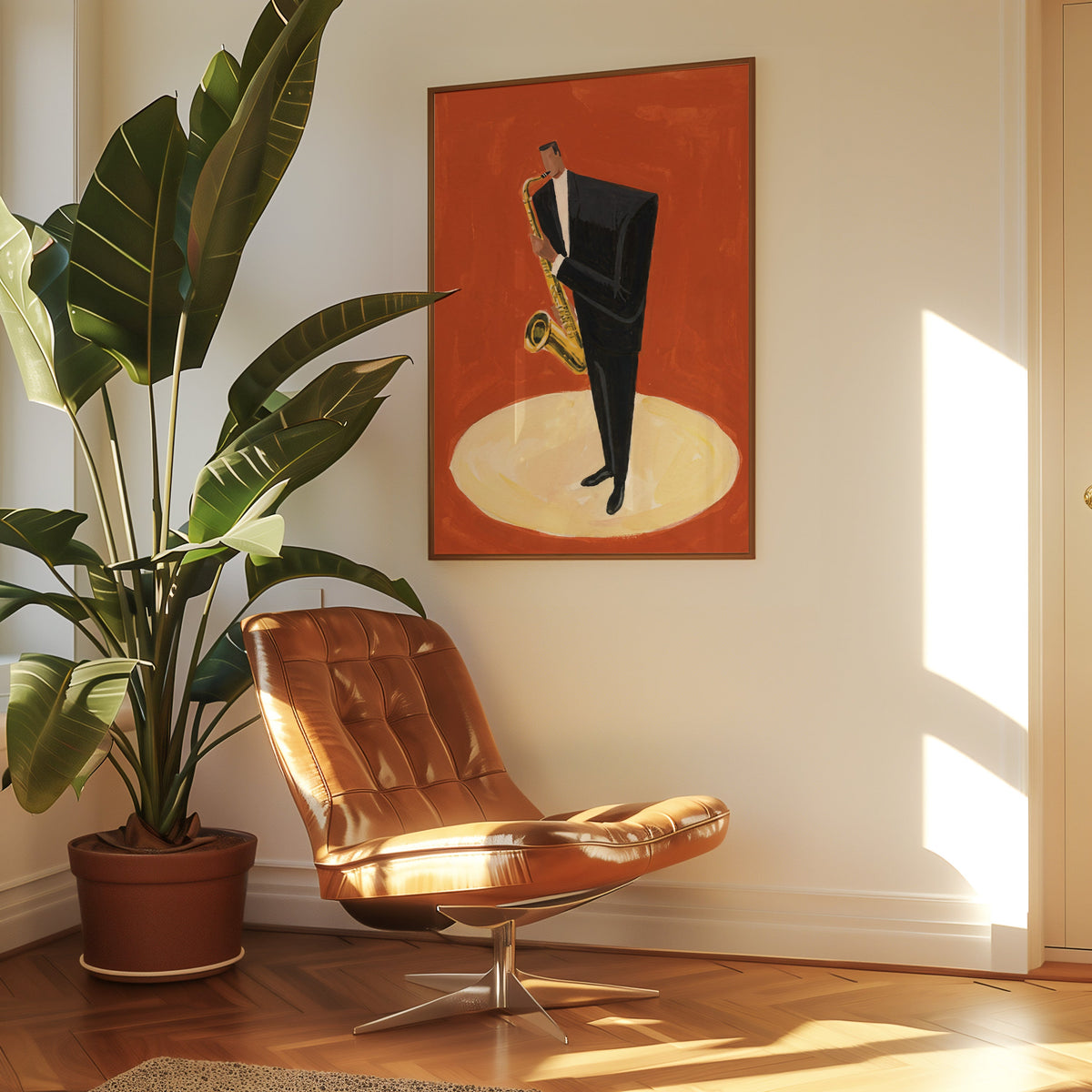 Mid century jazz print in a slim walnut frame above a tan leather lounge chair