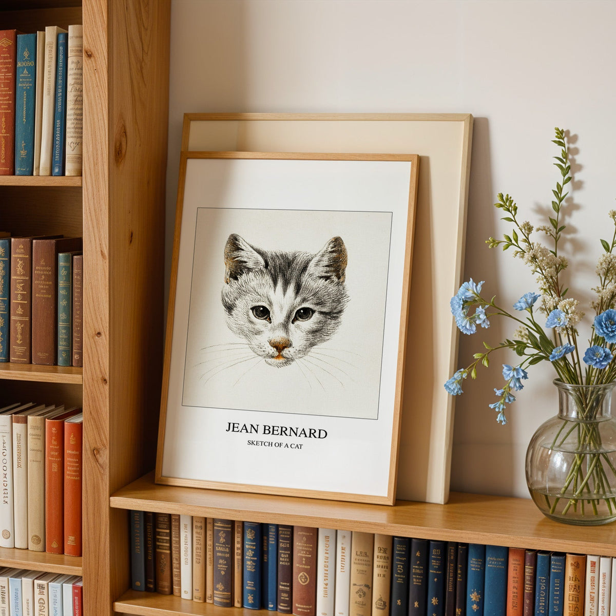 Cat sketch in an oak frame leaning on a bookshelf beside blue flowers