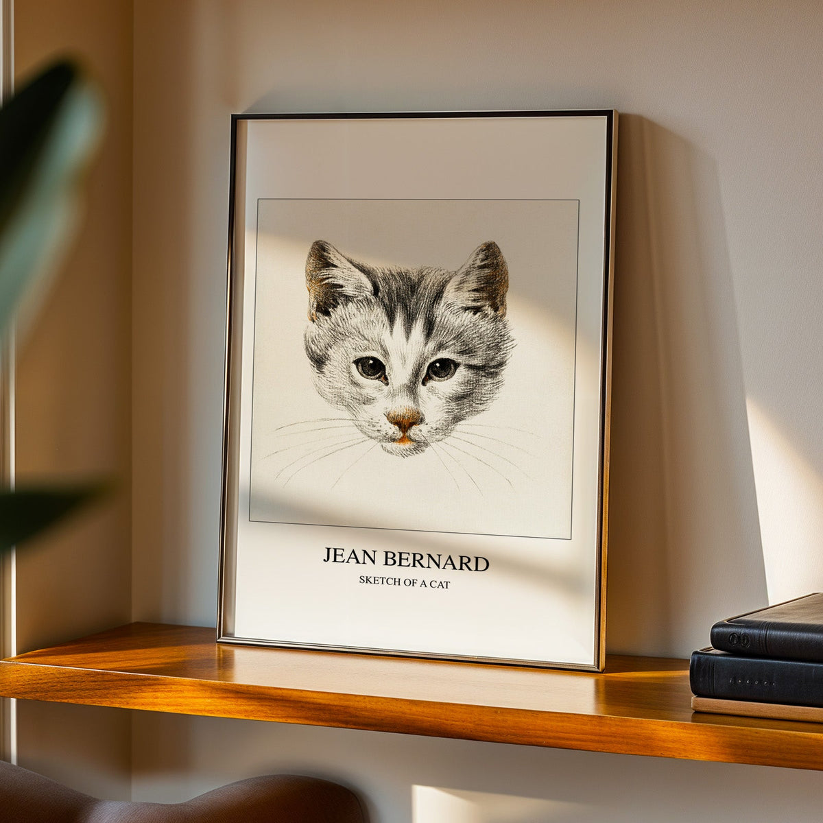Sketch of a Cat print in a black frame on a walnut shelf in evening light
