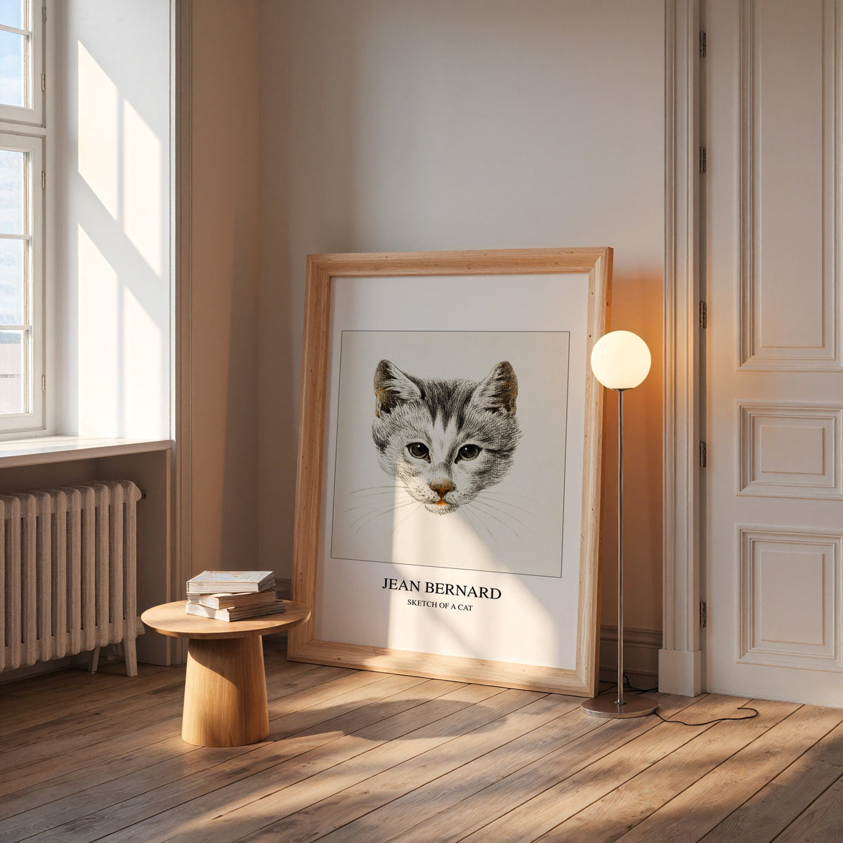 Cat sketch print in a wide pine frame leaning by a sunlit window