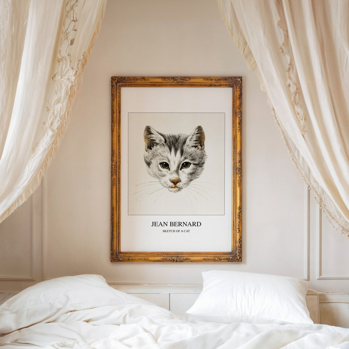 Sketch of a Cat print shown in an ornate gold frame above a canopy bed