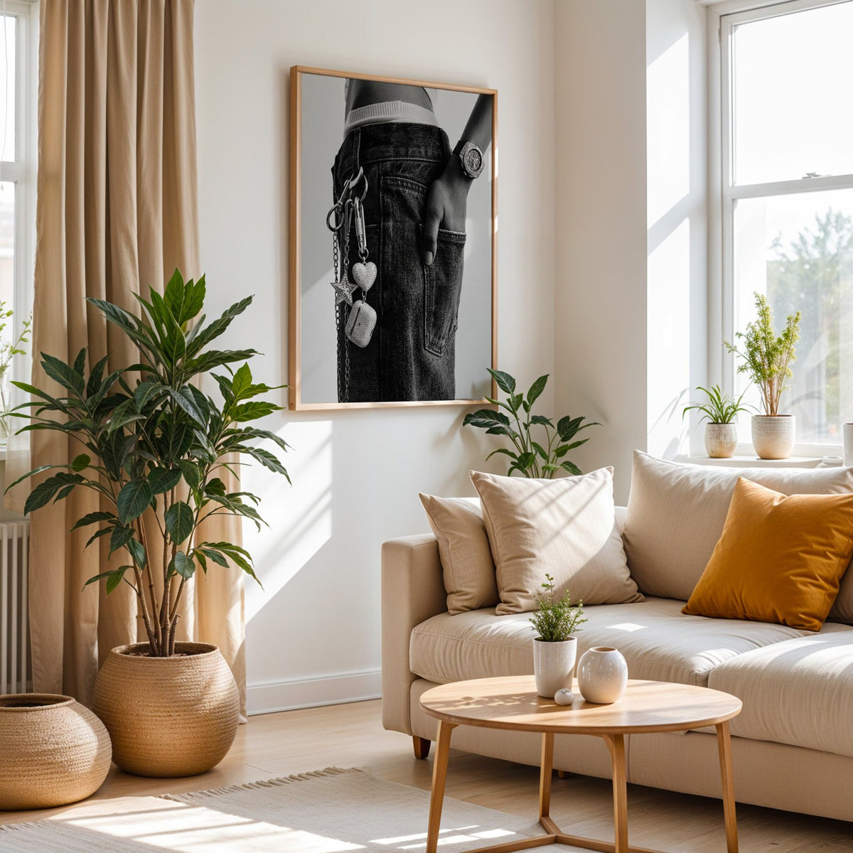Black jeans with charm chain and jewelled watch print in an oak frame above a cream sofa beside woven planters