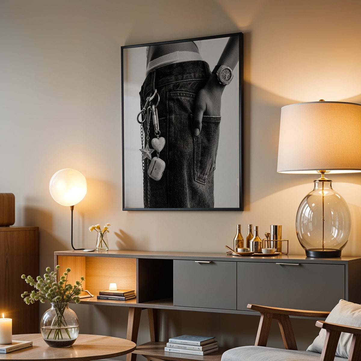 Black jeans with charm chain and jewelled watch print in a black frame above a grey media console with a glass table lamp