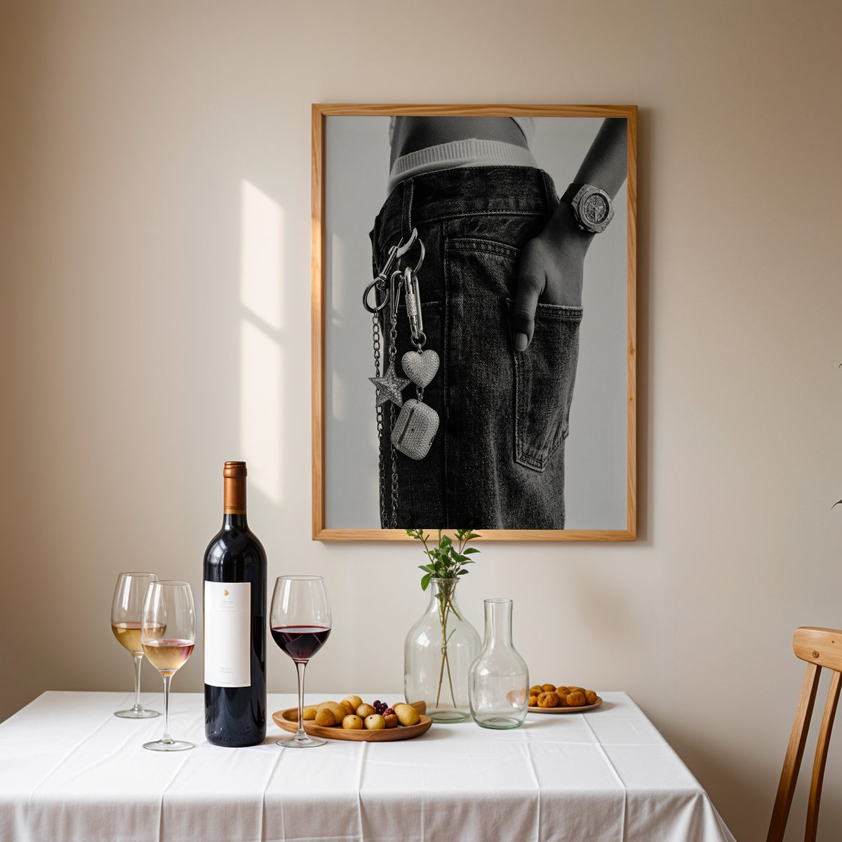 Black jeans with charm chain and jewelled watch print in an oak frame above a table set with red wine and glasses