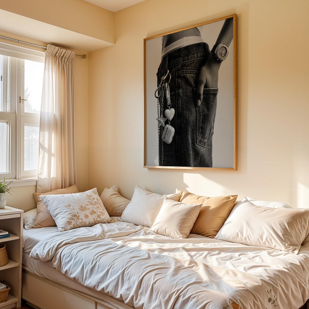 Black jeans with charm chain and jewelled watch print in an oak frame above a cream daybed in a sunny bedroom