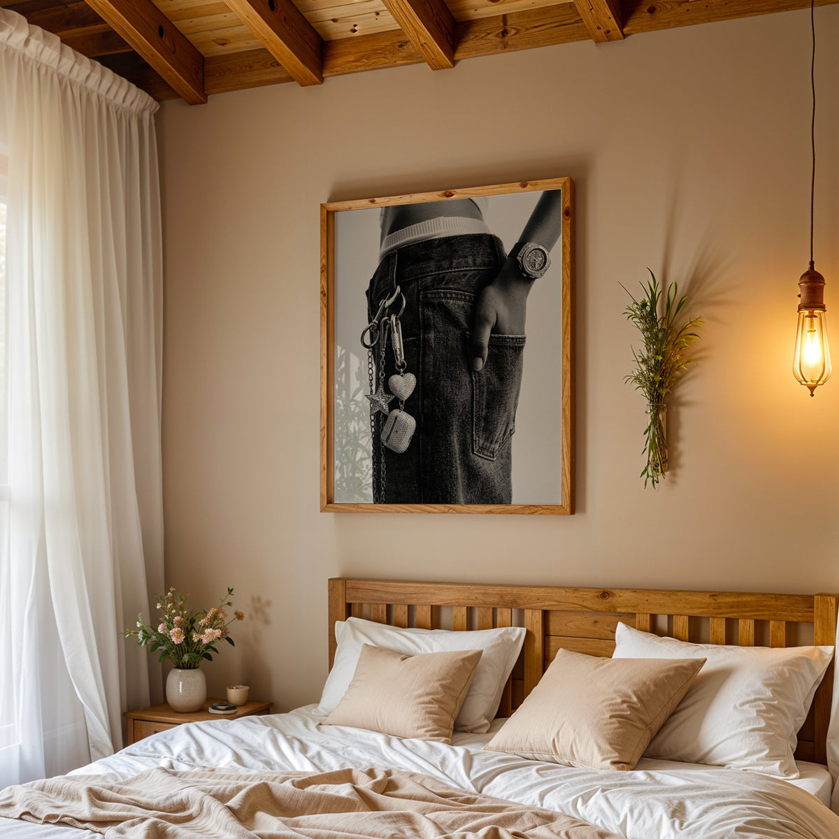 Black jeans with charm chain and jewelled watch print in a pine frame above a wood headboard bed under a pendant bulb