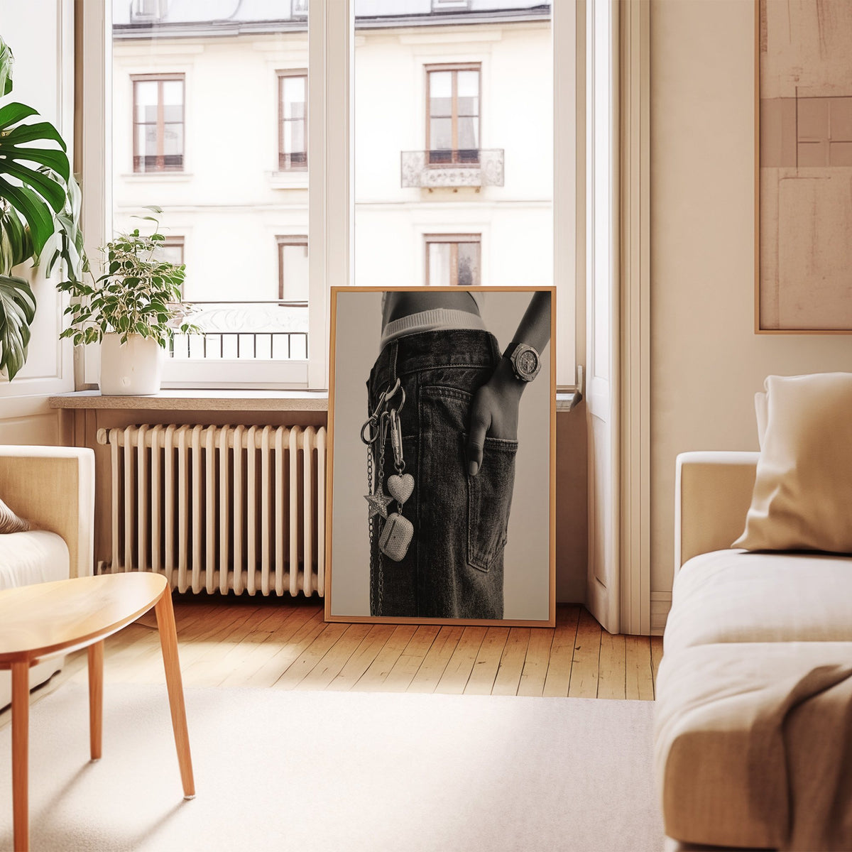 Black jeans with charm chain and jewelled watch print in an oak frame leaning by a French window in a living room