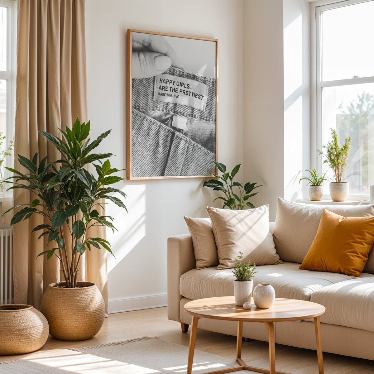 Woven jeans label with Happy Girls quote print in an oak frame above a cream sofa beside woven planters
