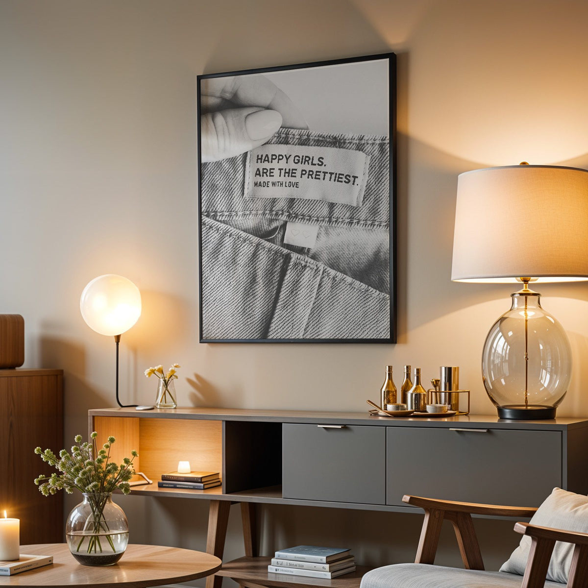 Woven jeans label with Happy Girls quote print in a black frame above a grey media console with a glass table lamp