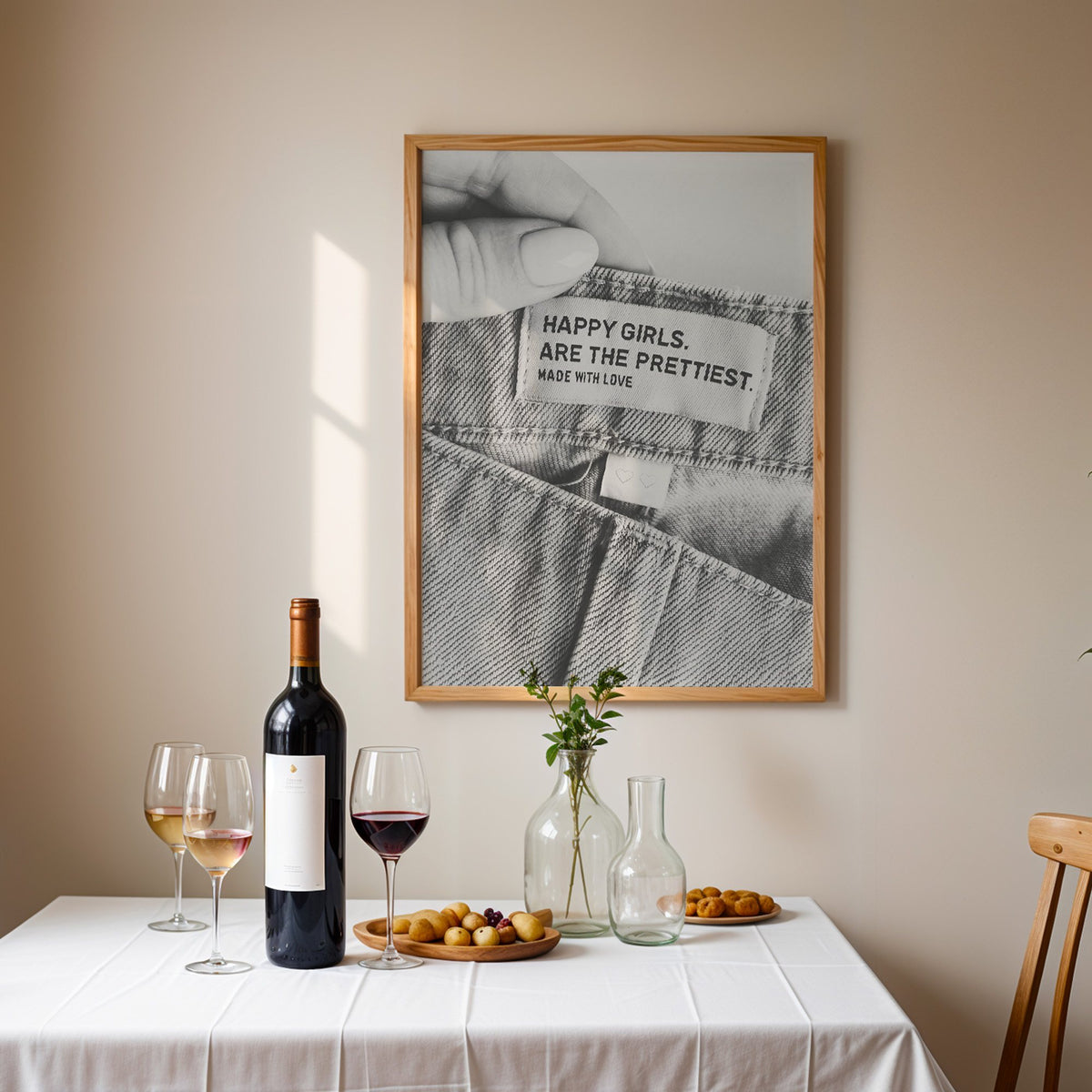 Woven jeans label with Happy Girls quote print in an oak frame above a table set with red wine and glasses