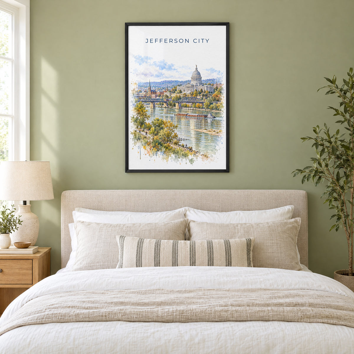 Jefferson City watercolor print in a black frame above an upholstered headboard in a sage green bedroom