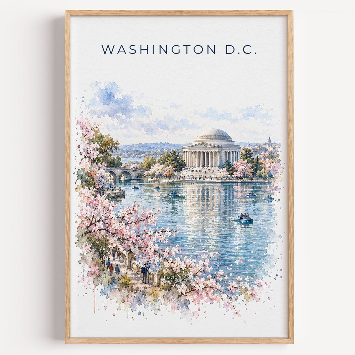 Jefferson Memorial watercolor print in a light oak frame on a plain white wall