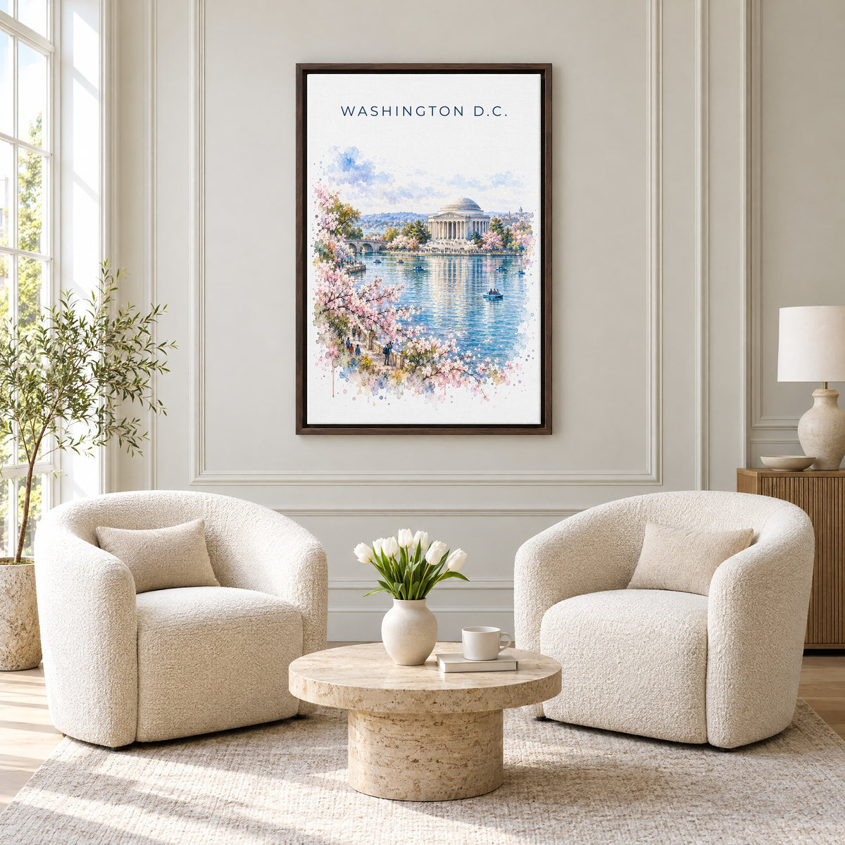 Jefferson Memorial watercolor print as an espresso floater canvas above two boucle armchairs in a hotel lounge