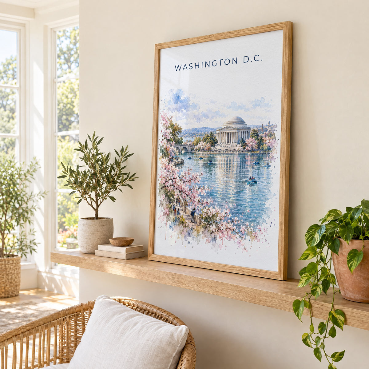 Jefferson Memorial watercolor print in an oak frame on a picture ledge in a sunlit sunroom