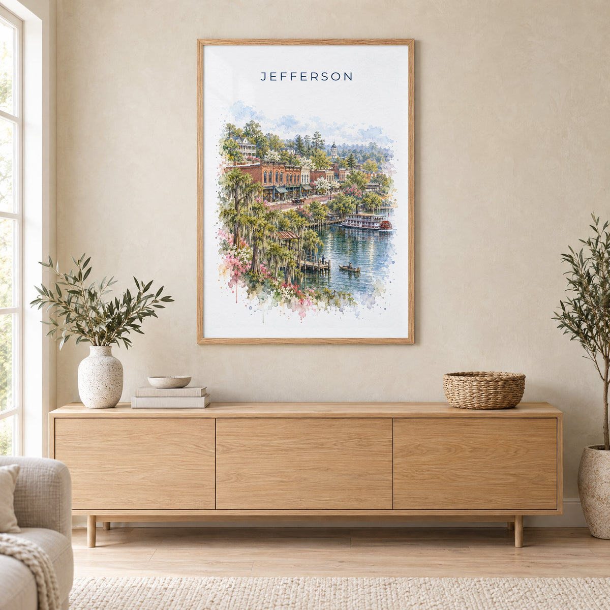 Jefferson, Texas watercolor print in an oak frame above a light wood sideboard in a Scandinavian living room