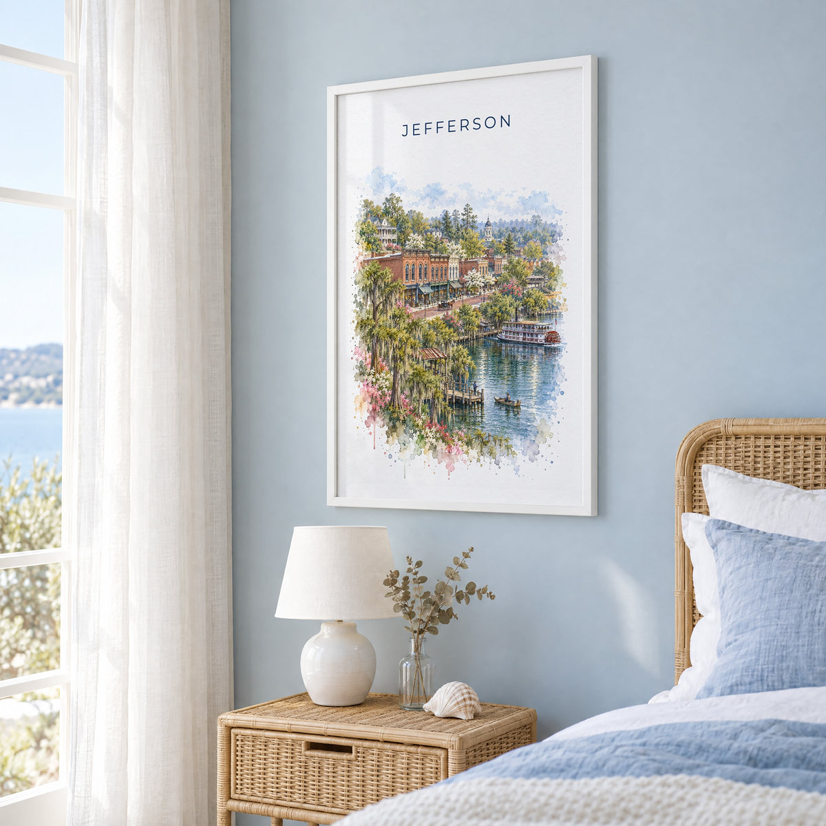 Jefferson, Texas watercolor print in a white frame on a pale blue wall beside a rattan bed in a coastal bedroom