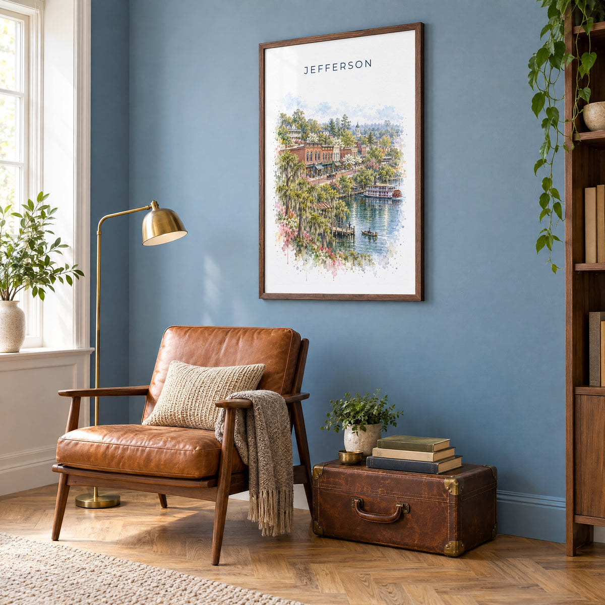 Jefferson, Texas watercolor print in a walnut frame on a blue wall above a leather armchair in a reading nook