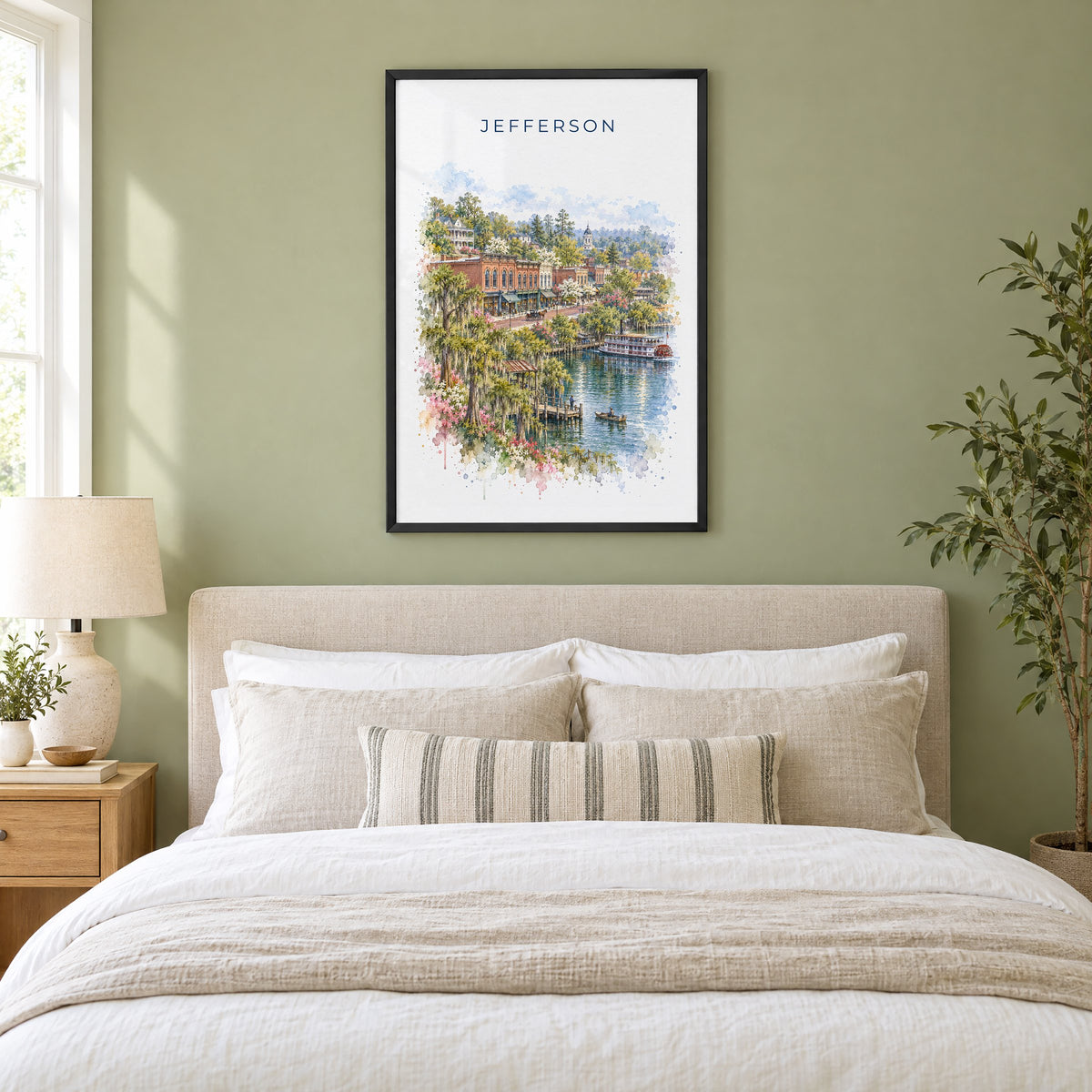 Jefferson, Texas watercolor print in a black frame above an upholstered headboard in a sage green bedroom
