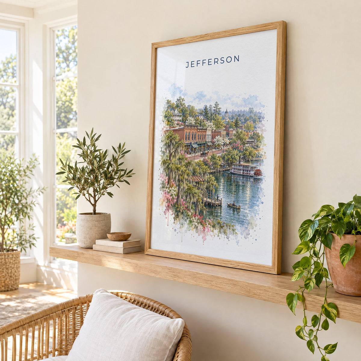 Jefferson, Texas watercolor print in an oak frame on a picture ledge in a sunlit sunroom