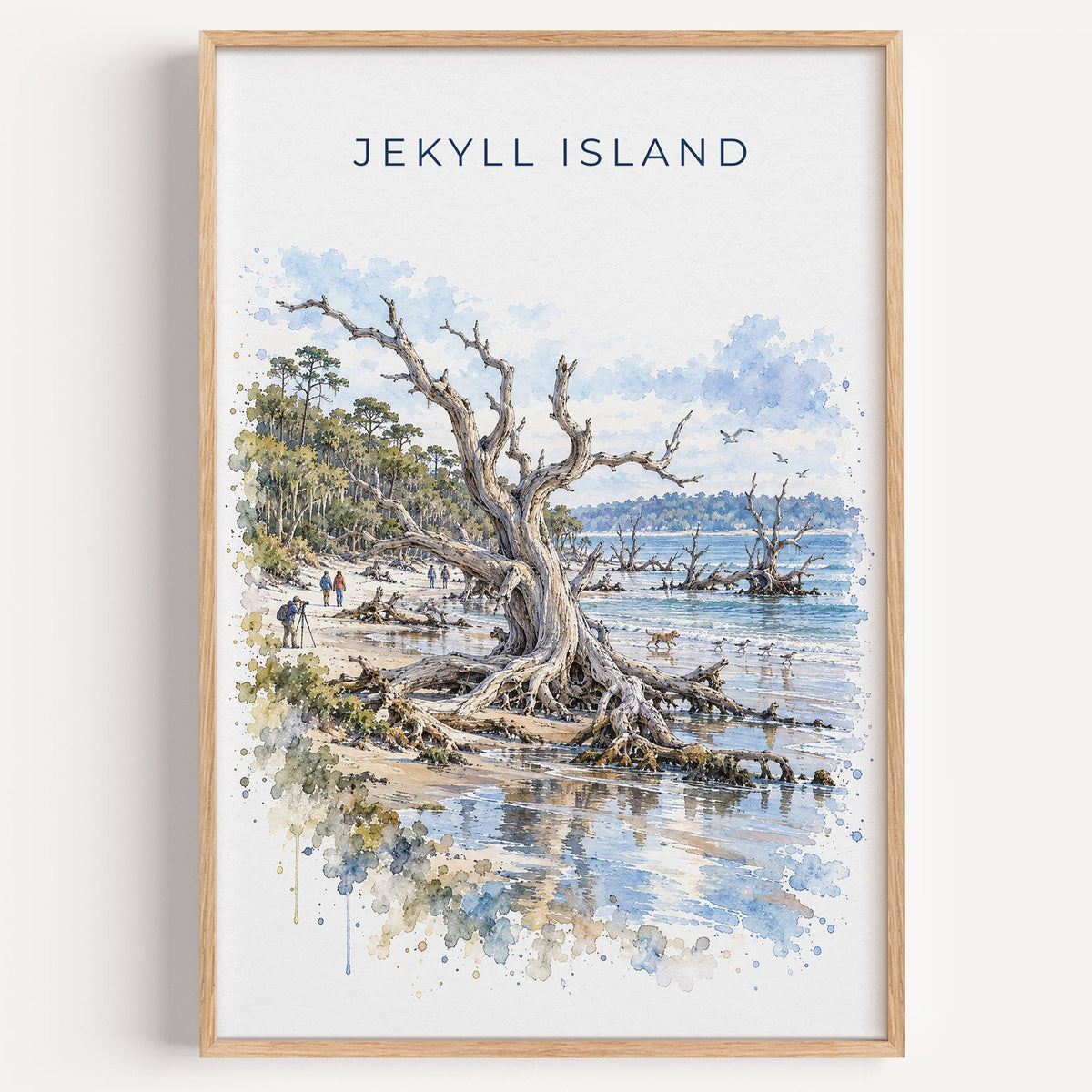 Jekyll Island watercolor print in a light oak frame on a plain white wall