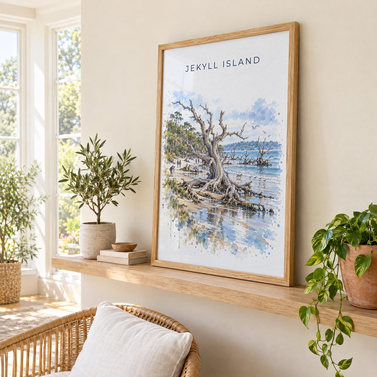 Jekyll Island watercolor print in an oak frame on a picture ledge in a sunlit sunroom