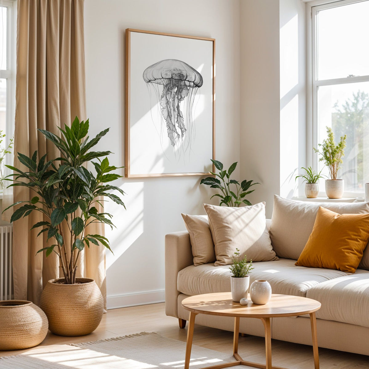 Jellyfish pencil drawing on white print in an oak frame above a cream sofa beside woven planters