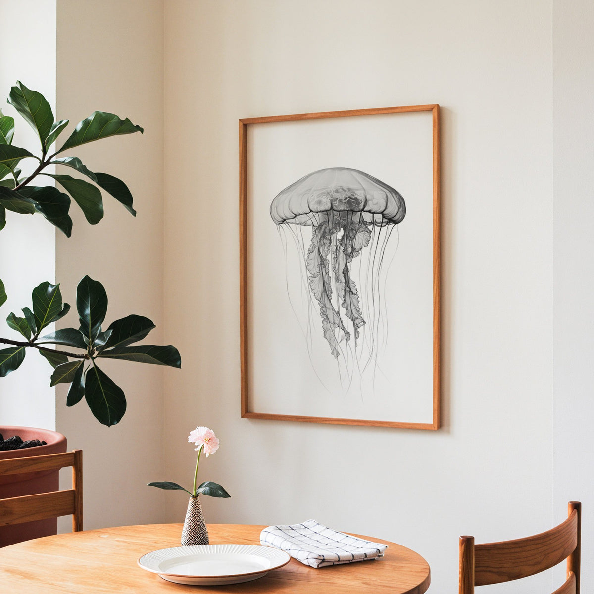 Jellyfish pencil drawing on white print in a teak frame above a round wooden dining table