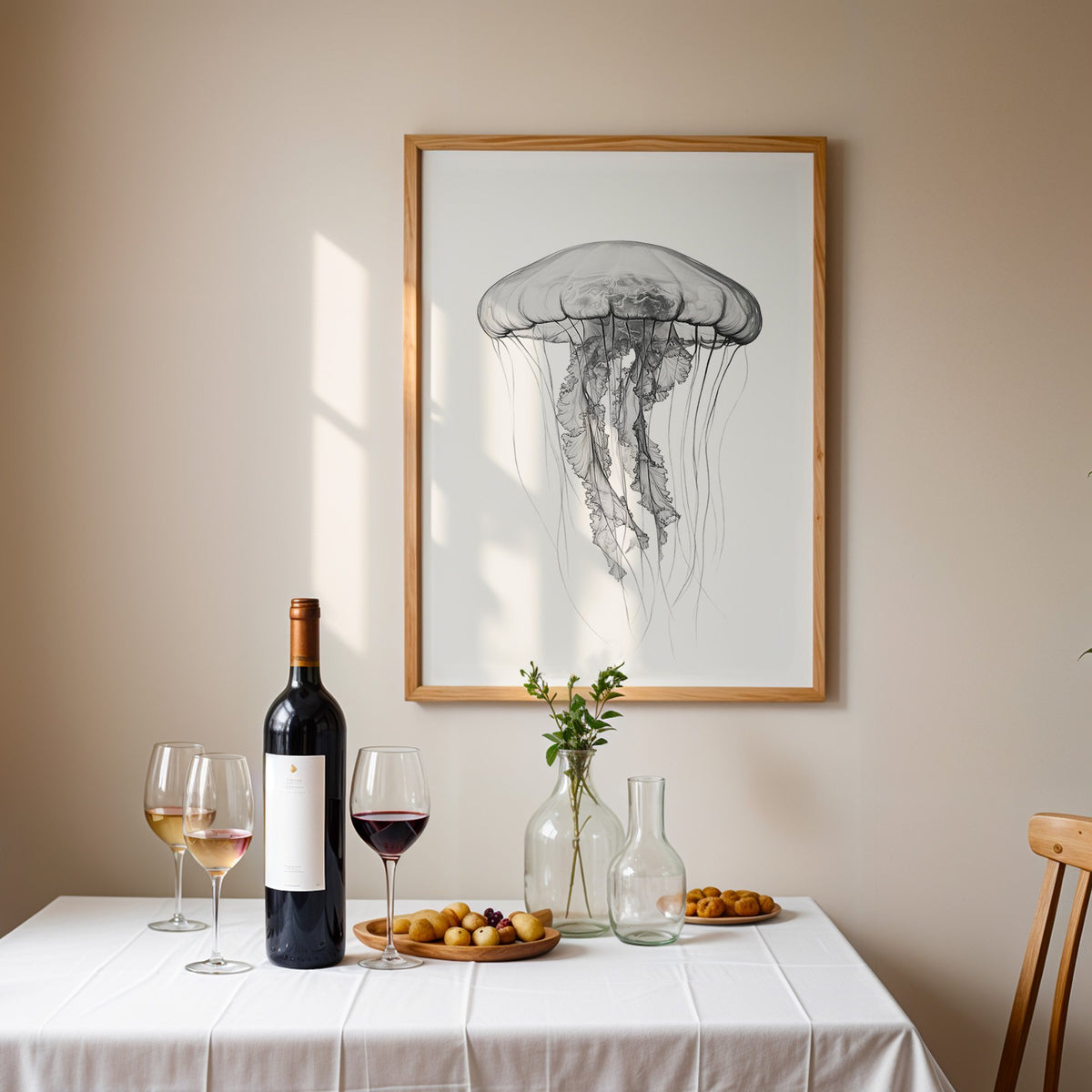Jellyfish pencil drawing on white print in an oak frame above a table set with red wine and glasses