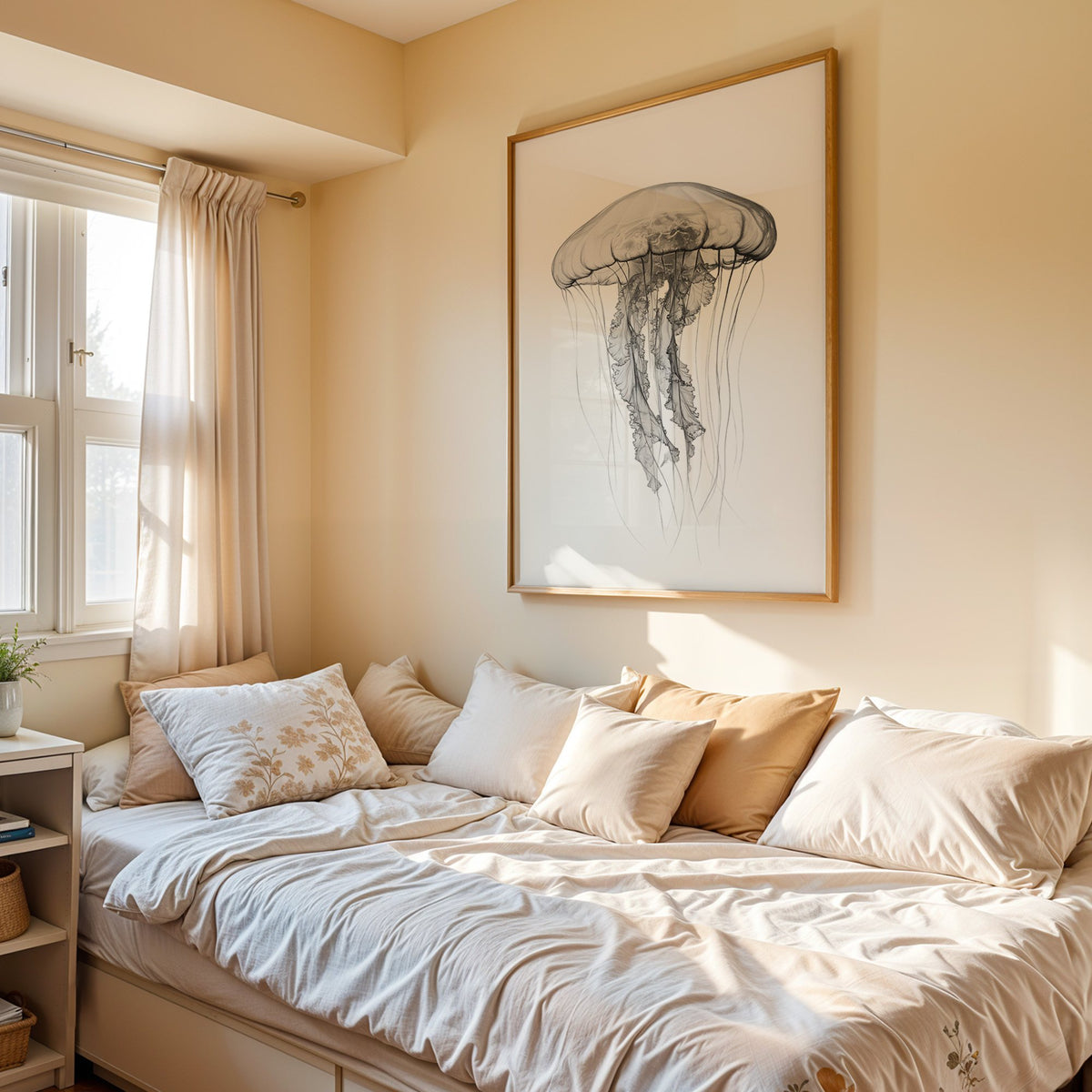 Jellyfish pencil drawing on white print in an oak frame above a cream daybed in a sunny bedroom