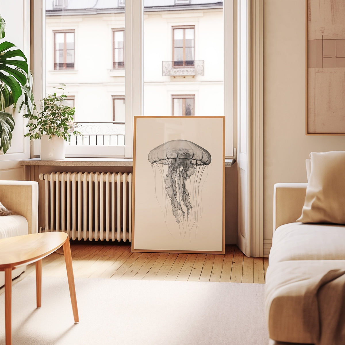 Jellyfish pencil drawing on white print in an oak frame leaning by a French window in a living room