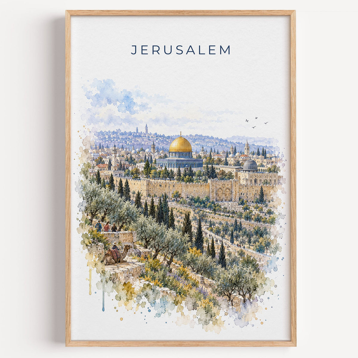 Jerusalem watercolor print in a light oak frame on a plain white wall