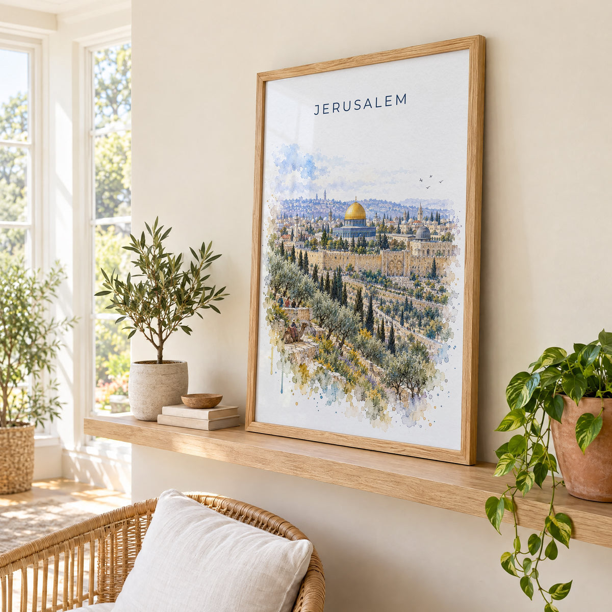 Jerusalem watercolor print in an oak frame on a picture ledge in a sunlit sunroom