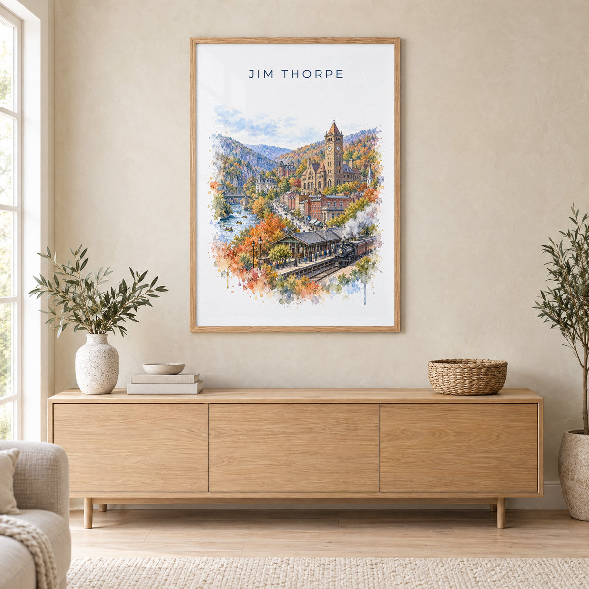 Jim Thorpe, Pennsylvania watercolor print in an oak frame above a light wood sideboard in a Scandinavian living room