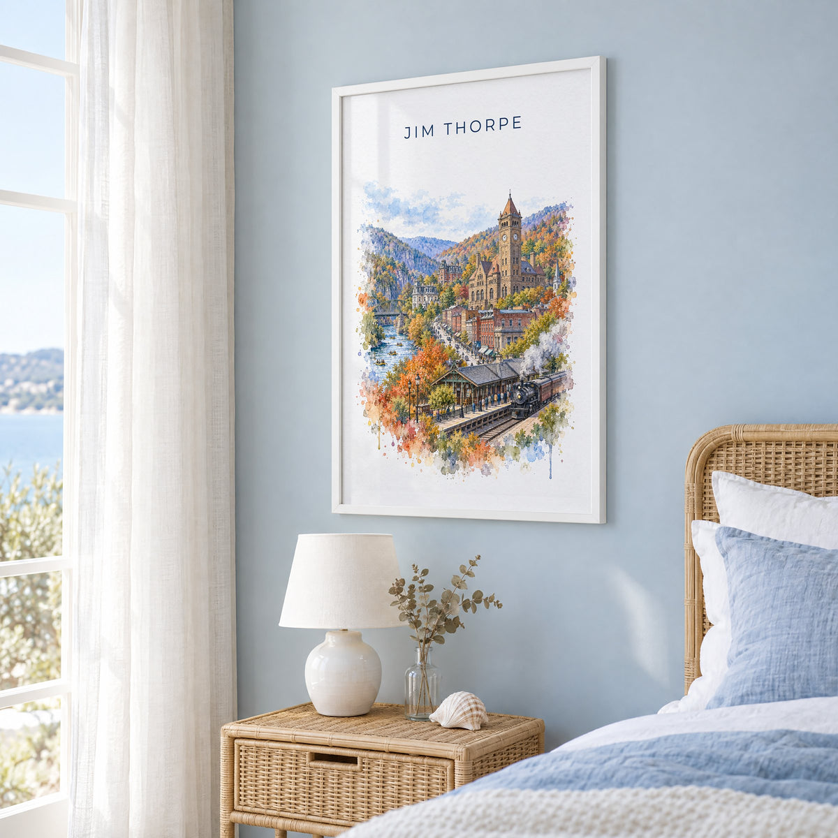 Jim Thorpe, Pennsylvania watercolor print in a white frame on a pale blue wall beside a rattan bed in a coastal bedroom