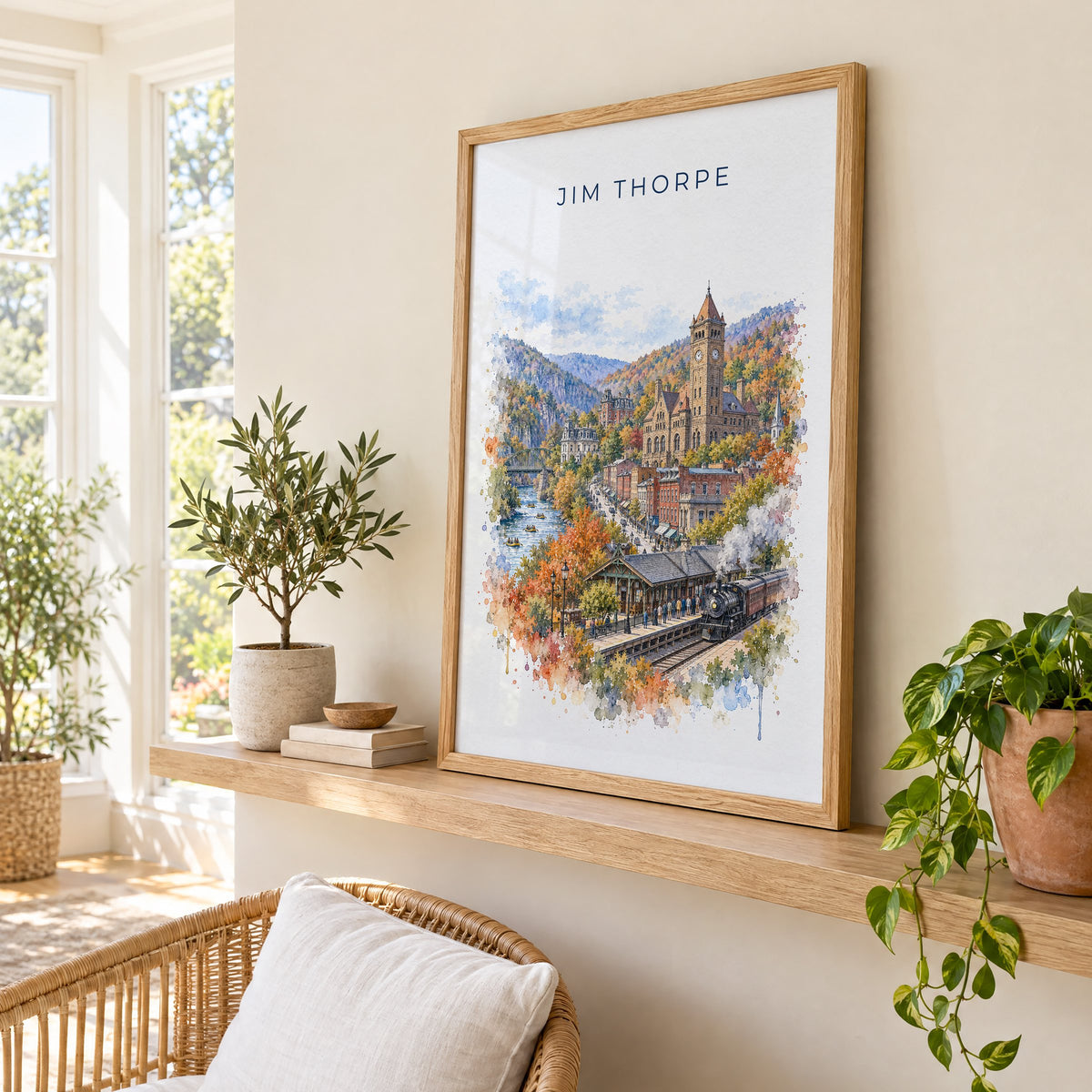 Jim Thorpe, Pennsylvania watercolor print in an oak frame on a picture ledge in a sunlit sunroom