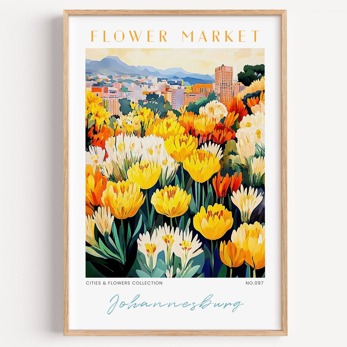 Johannesburg flower market print in a light oak frame on a plain white wall