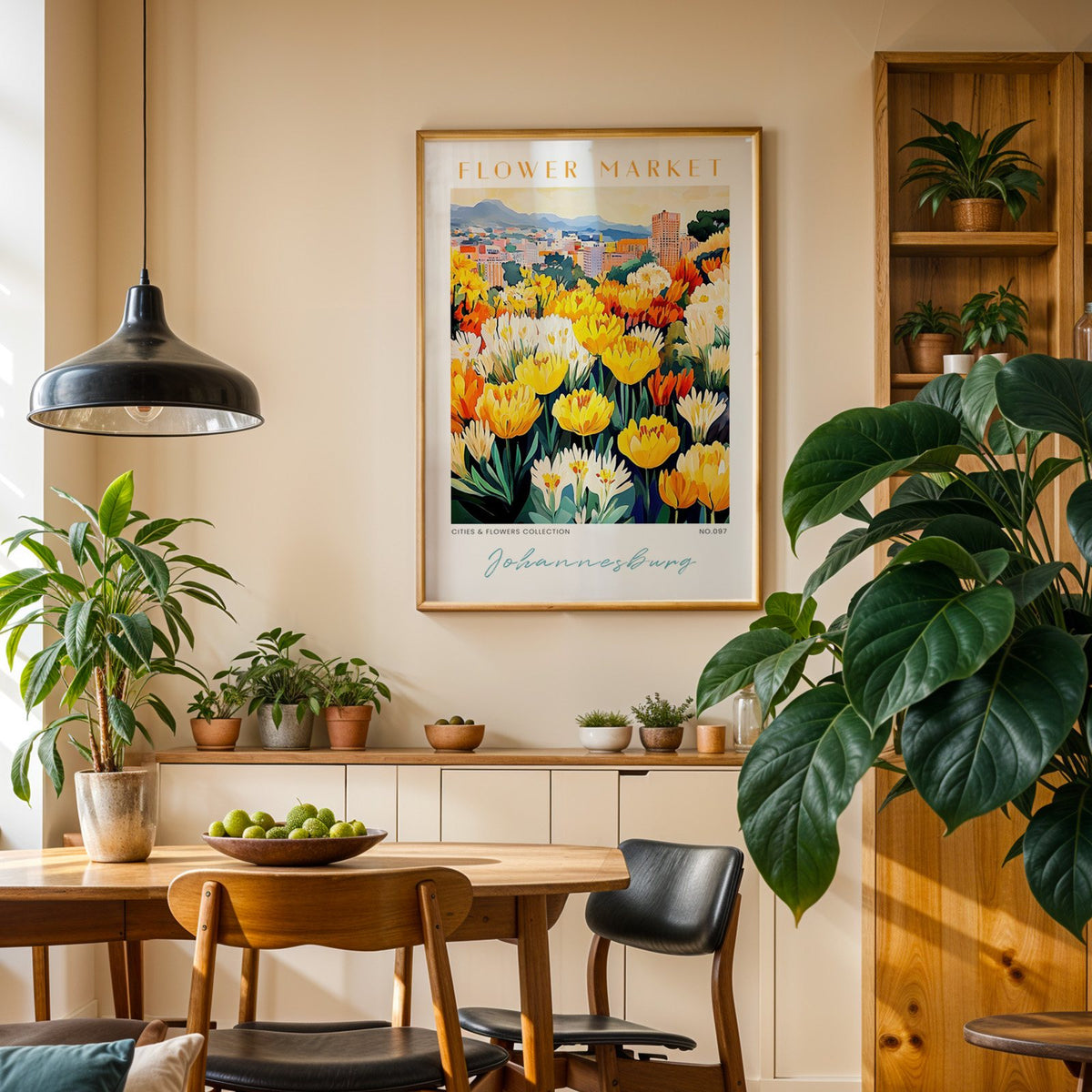 Johannesburg flower market print in an oak frame above a dining sideboard lined with potted plants