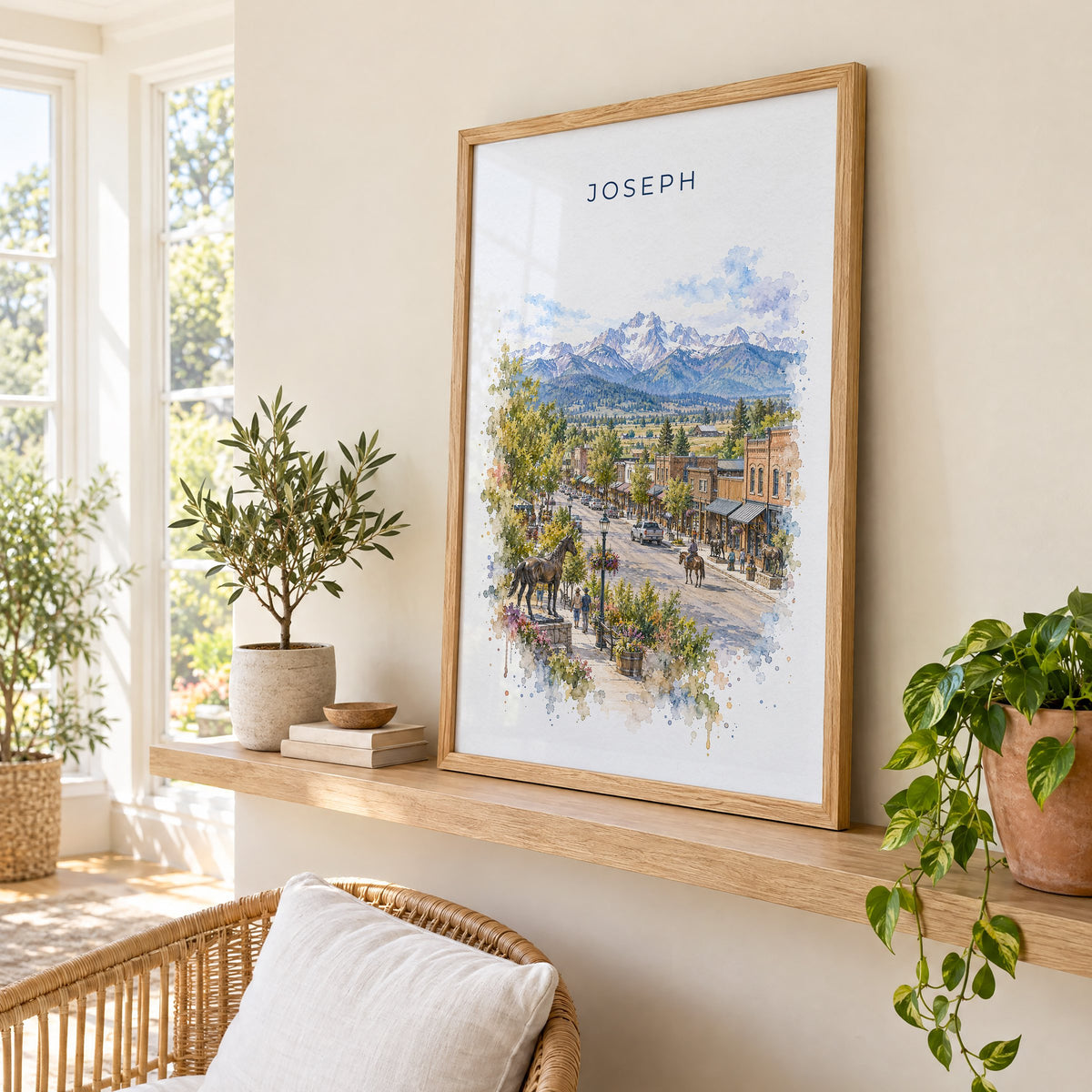 Joseph, Oregon watercolor print in an oak frame on a picture ledge in a sunlit sunroom