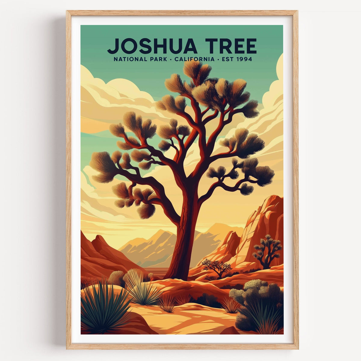 Joshua Tree National Park illustrated print: a lone Joshua tree over red desert rock, in an oak frame