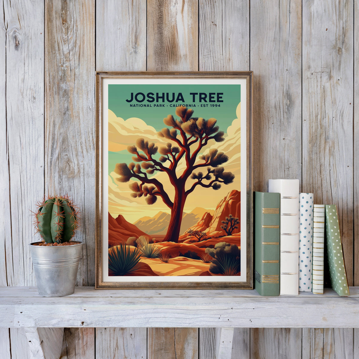 Joshua Tree poster in an antique gold frame against whitewashed farmhouse planks beside books and a cactus