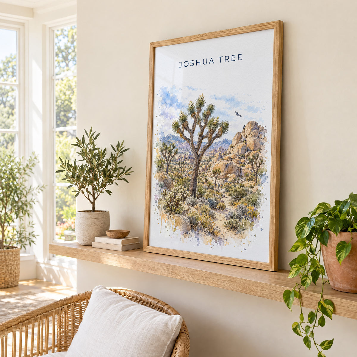 Joshua Tree National Park watercolor print in an oak frame on a picture ledge in a sunlit sunroom