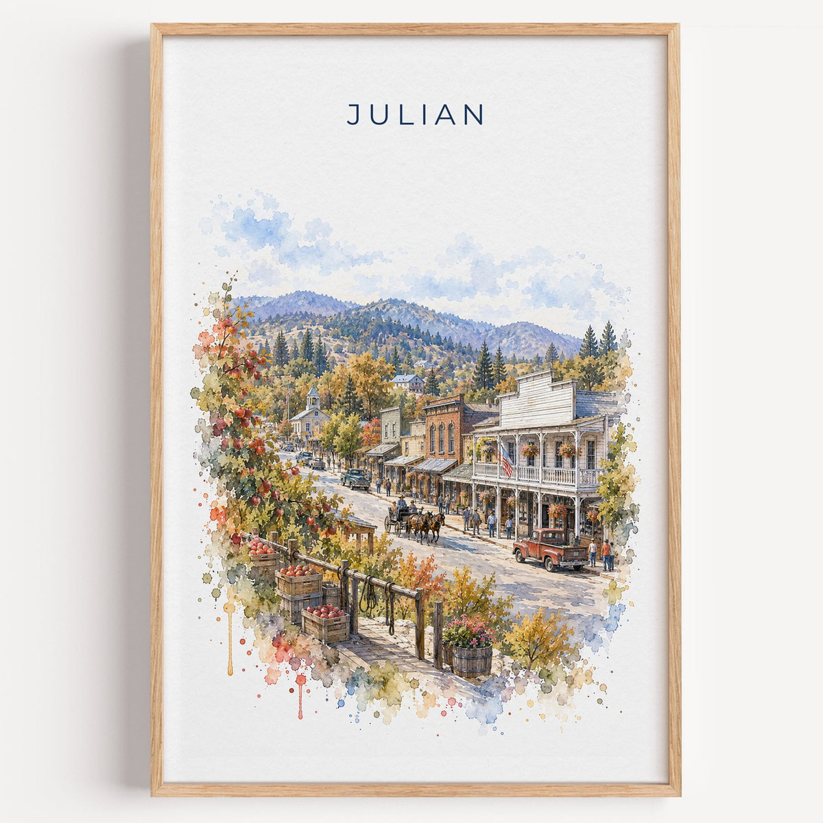 Julian, California watercolor print in a light oak frame on a plain white wall