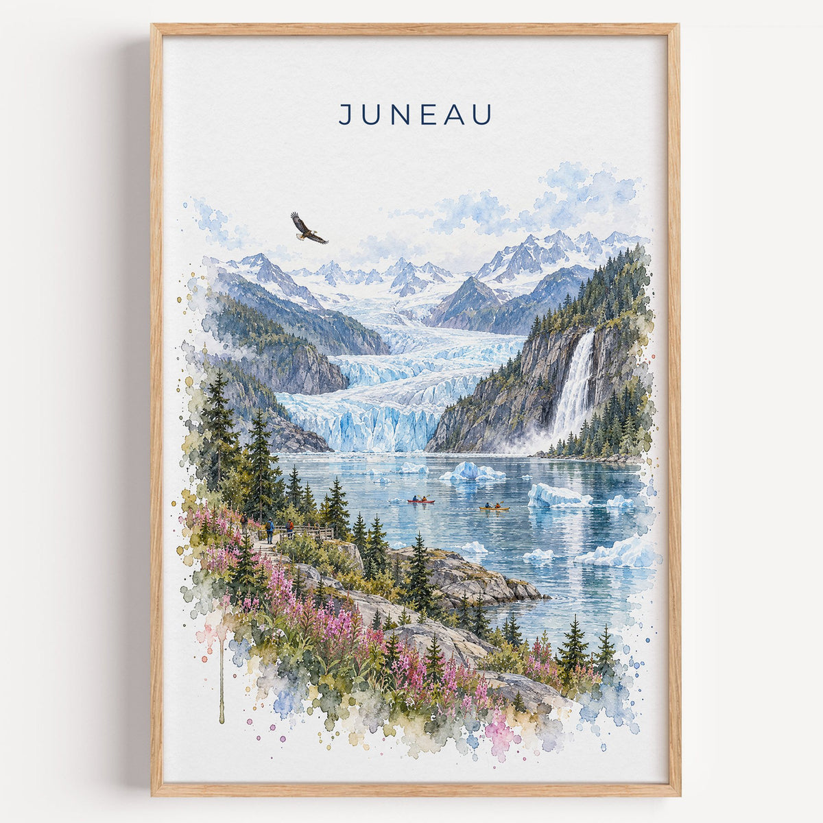 Juneau watercolor print in a light oak frame on a plain white wall